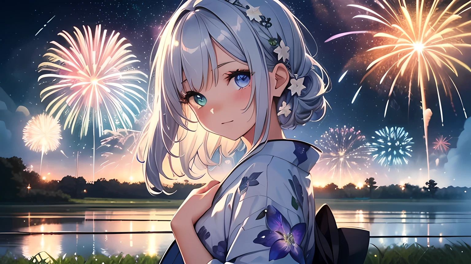 Best quality、Photorealistic、Ultra-detailed、delicate、Orderly、High Detail、Bluish Silver Short Bob、(Drooping heterochromia iris,glowing eyes、Sparkling Eyes:1.3)、Slender、(One girl:1.2)、(Fireworks display、Big fireworks bursting into the night sky、The vast starry sky:1.4)、 Night view、Twinkle Star、Milky Way in 7 colors、Beautiful skyline、Vast grassland、Paddy field、Colorful night natural light、Girl in yukata、Ambient Occlusion、Ambient Light、Ray-traced Reflections、Glow、Shiny Hair、