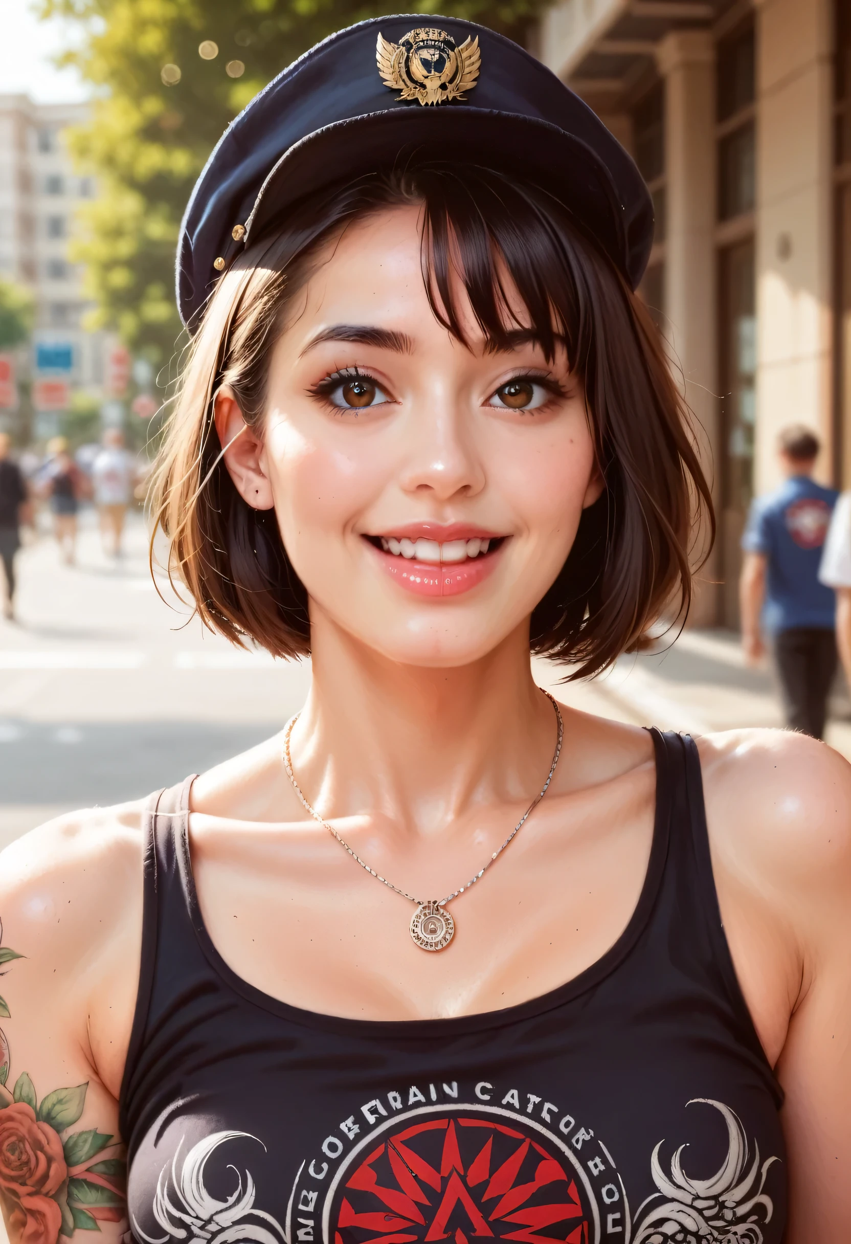 Masterpiece, best quality, high quality, highly detailed CG 8k uniform background, 1 girl, solo, black hair, tattoo, short hair, hat, jewelry, smile, necklace, looking at audience, realistic, open mouth, teeth, upper body, v-neck shirt, nose, bare shoulders, collarbone, arm tattoo, brown eyes, lips, blur, real face, award winning photography, bokeh effect, depth of field, HDR, bloom, chromatic aberration, realism, highly detailed, artstation Complex, High detail, dramatic, art by midjourney