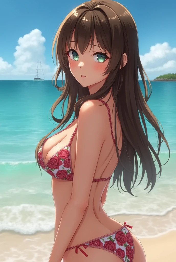 score_9、score_8_upper、score_7_upper、sauce_アニメ、High-resolution images、masterpiece、Highest quality、Orthodox beautiful girl、Cute Face、Beautiful Skin、Her breast size is E cup、Shiny Hair、Brown Hair、Highly detailed eyes、Ocean Background、rose print Bikini、Looking at me on all fours, cleavage, southern island, beach