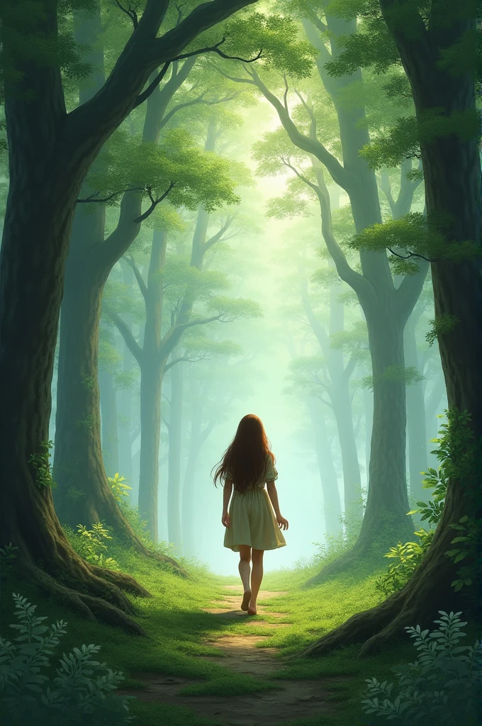 A brown-haired woman walking through a forest with plenty of trees and fog 