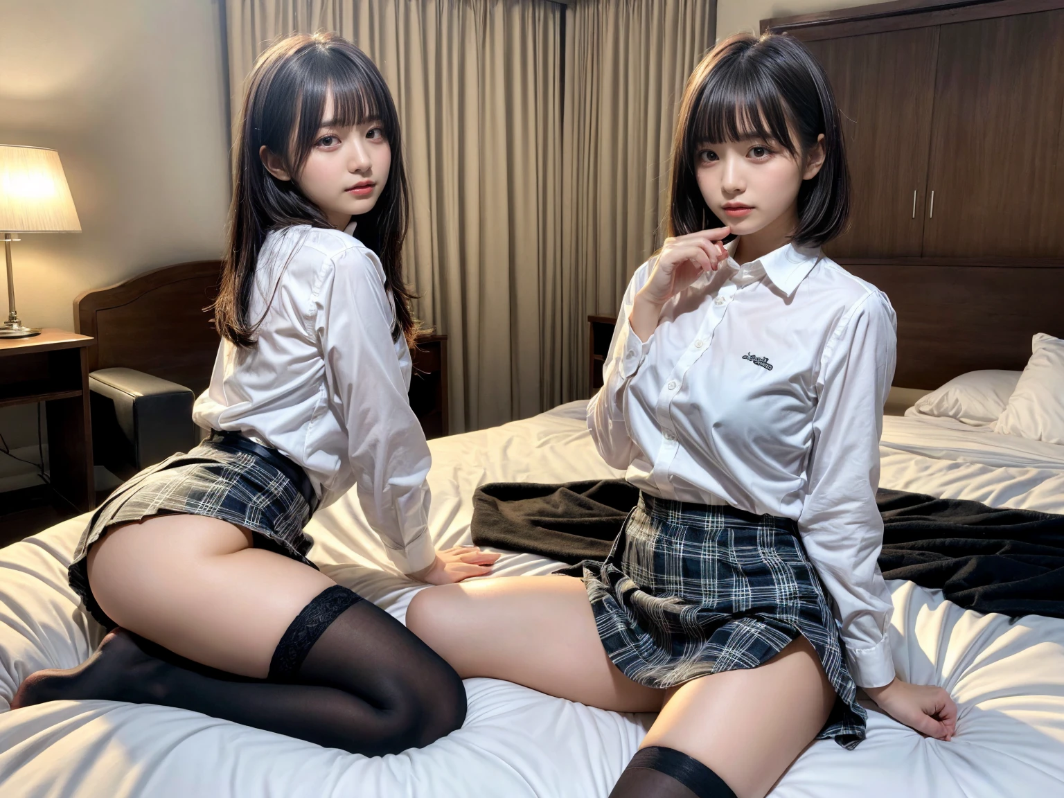 masterpiece, best quality, illustration, Super detailed, fine details, High resolution, 8K,wall paper, perfect dynamic composition,(Details High quality, realistic depiction of eyes:1.3), (3 girls), (white school shirt :1.2), (plaid skirt :1.3), tie black, black thigh-high stockings, sitting, open legs, short bob hair, in a hotel room in the background, deep on field, large breasts, black hair color, Big Natural Color Lip, (perfect body shape), crying a little、Harajuku style、20 year old girl、cute type、beautiful legs, Gravure Idol