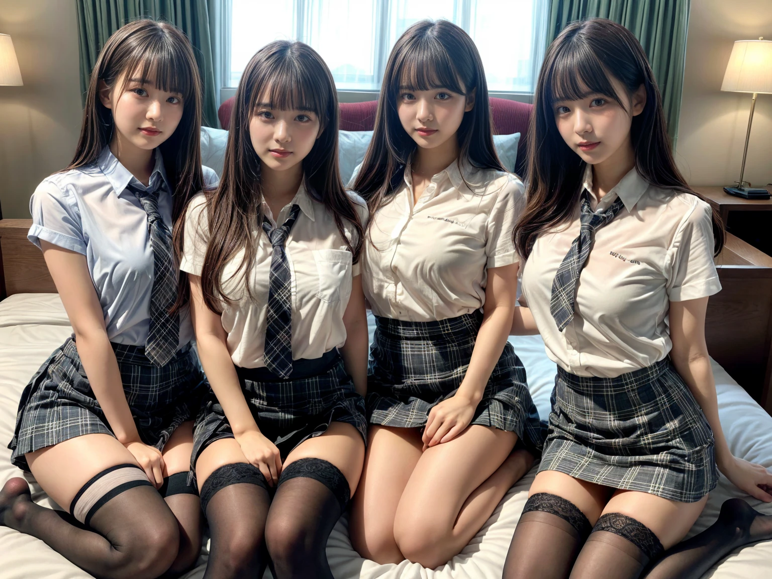 masterpiece, best quality, illustration, Super detailed, fine details, High resolution, 8K,wall paper, perfect dynamic composition,(Details High quality, realistic depiction of eyes:1.3), (3 girls), (white school shirt :1.2), (plaid skirt :1.3), tie black, black thigh-high stockings, sitting, open legs, short bob hair, in a hotel room in the background, deep on field, large breasts, black hair color, Big Natural Color Lip, (perfect body shape), crying a little、Harajuku style、20 year old girl、cute type、beautiful legs, Gravure Idol
