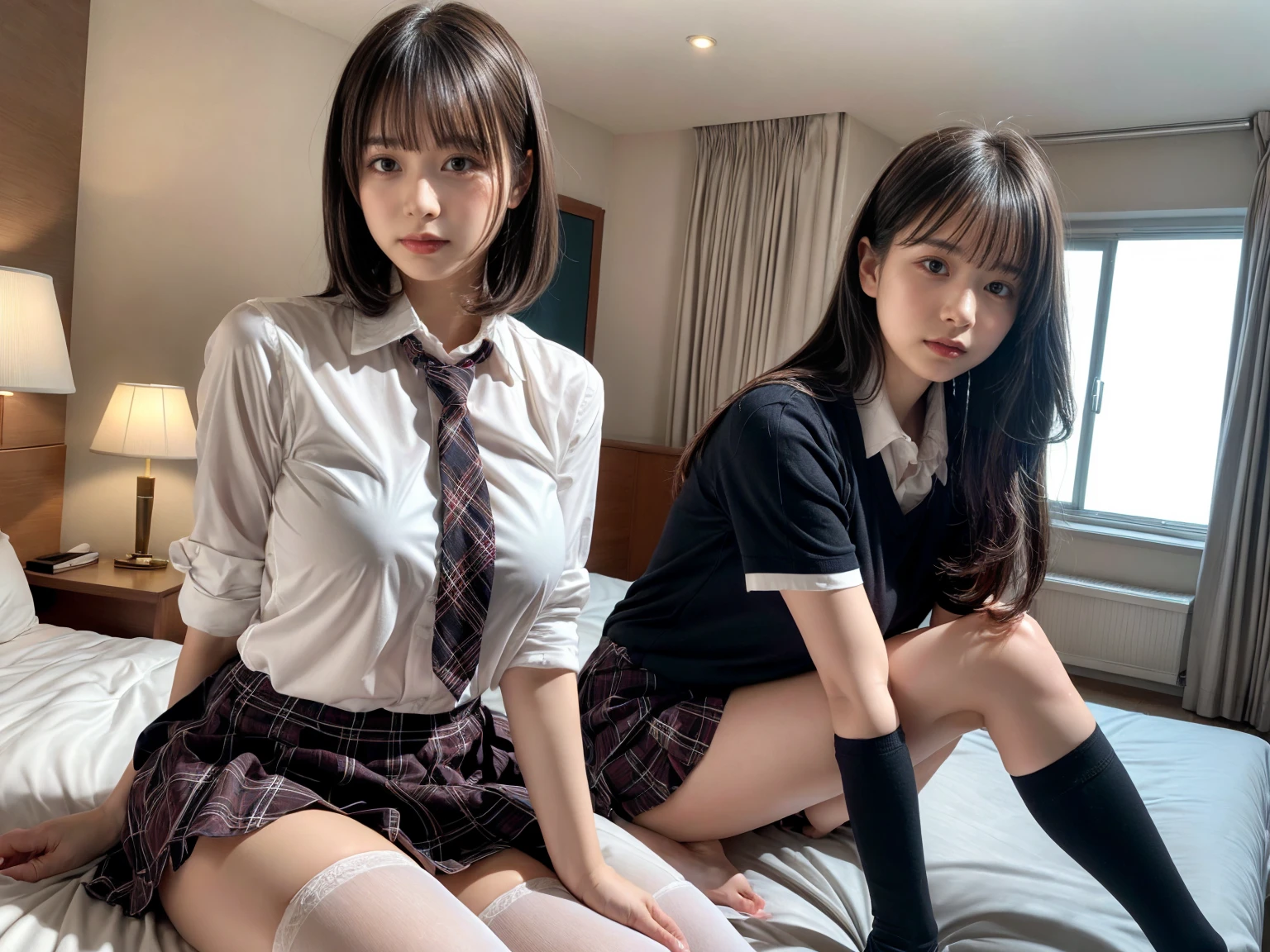 masterpiece, best quality, illustration, Super detailed, fine details, High resolution, 8K,wall paper, perfect dynamic composition,(Details High quality, realistic depiction of eyes:1.3), (3 girls), (white school shirt :1.2), (plaid skirt :1.3), tie black, black thigh-high stockings, sitting, open legs, short bob hair, in a hotel room in the background, deep on field, large breasts, black hair color, Big Natural Color Lip, (perfect body shape), crying a little、Harajuku style、20 year old girl、cute type、beautiful legs, Gravure Idol