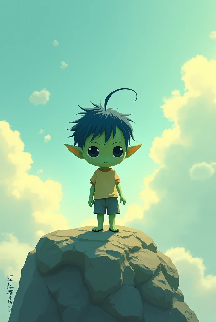 (((ghibli style))) a navy blue haired alien boy, greenish skin, antennae and eyes completely black, with pointed ears standing on a rock