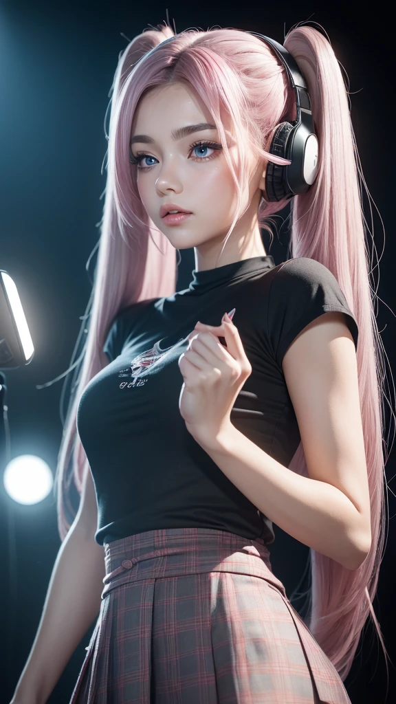 (A beautiful girl wearing a blue T-shirt and a red checked mini skirt is seen singing loudly and sarcastically in a recording studio, wearing headphones and using a microphone. Her image is posted on social media.) (The beautiful girl is 17 years old, 18% Japanese, 26% French, 56% Ukrainian, 178 cm tall, has a small bust but a good figure and a beautiful, well-balanced figure.) (Her hair is very long and pink ash gray, tied in twin tails with black ribbons, and curls in a spiral shape toward the ends.) (Her eyebrows are the same color as her hair, thin, slightly thick, and short, and her eyelashes are long.) (Her big blue eyes reflect the light of the lighting and are amazingly beautiful like pearls.) (Her nose bridge is high like an English person, her lips are plump and shaped so that you want to kiss them, her skin is translucent white, and the balance between her head and face is traditionally Japanese.) Aesthetics. The number of fingers is also noteworthy, but not too many or too few, and they are very delicately expressed down to the tips of her nails. (Single, Masterpiece, Super detailed, Top quality, Artistic composition, Ultra accurate, Realistic, Photorealistic, High resolution, Dynamic lighting effects, Consider the proportions of the whole composition, Ultra realistic). Try to emphasize the facial expression and appearance. Do your best to meet all these criteria.