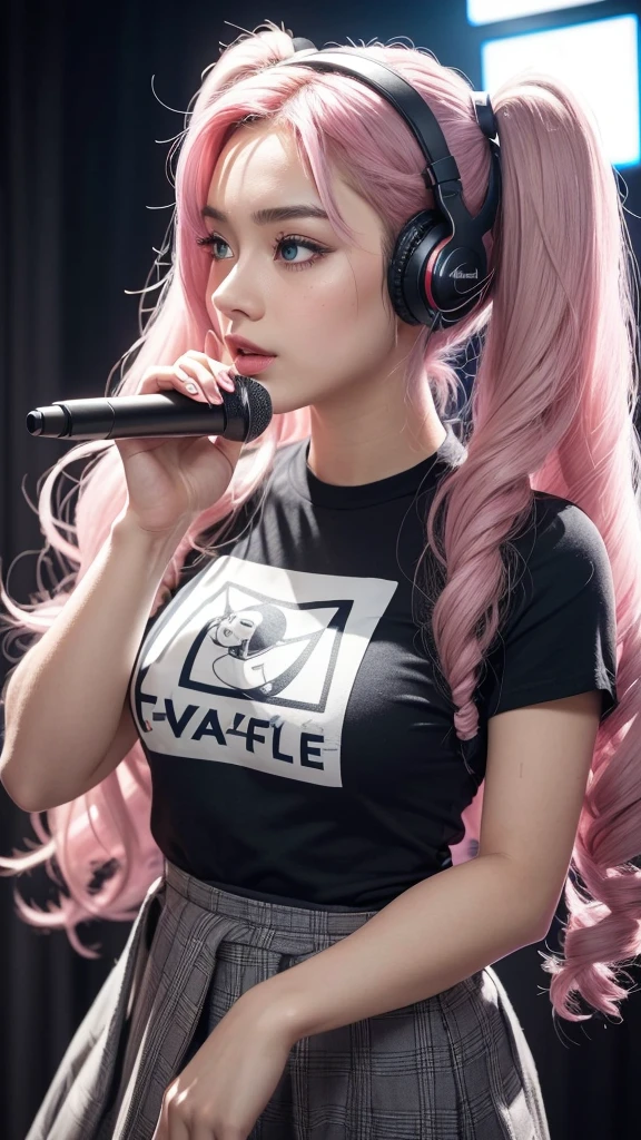 (A beautiful girl wearing a blue T-shirt and a red checked mini skirt is seen singing loudly and sarcastically in a recording studio, wearing headphones and using a microphone. Her image is posted on social media.) (The beautiful girl is , 18% Japanese, 26% French, 56% Ukrainian, 178 cm tall, has a small bust but a good figure and a beautiful, well-balanced figure.) (Her hair is very long and pink ash gray, tied in twin tails with black ribbons, and curls in a spiral shape toward the ends.) (Her eyebrows are the same color as her hair, thin, slightly thick, and short, and her eyelashes are long.) (Her big blue eyes reflect the light of the lighting and are amazingly beautiful like pearls.) (Her nose bridge is high like an English person, her lips are plump and shaped so that you want to kiss them, her skin is translucent white, and the balance between her head and face is traditionally Japanese.) Aesthetics. The number of fingers is also noteworthy, but not too many or too few, and they are very delicately expressed down to the tips of her nails. (Single, Masterpiece, Super detailed, Top quality, Artistic composition, Ultra accurate, Realistic, Photorealistic, High resolution, Dynamic lighting effects, Consider the proportions of the whole composition, Ultra realistic). Try to emphasize the facial expression and appearance. Do your best to meet all these criteria.