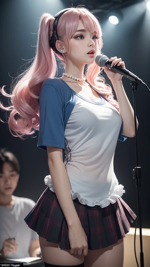 (A beautiful girl wearing a blue T-shirt and a red checked mini skirt is seen singing loudly and sarcastically in a recording studio, wearing headphones and using a microphone. Her image is posted on social media.) (The beautiful girl is 17 years old, 18% Japanese, 26% French, 56% Ukrainian, 178 cm tall, has a small bust but a good figure and a beautiful, well-balanced figure.) (Her hair is very long and pink ash gray, tied in twin tails with black ribbons, and curls in a spiral shape toward the ends.) (Her eyebrows are the same color as her hair, thin, slightly thick, and short, and her eyelashes are long.) (Her big blue eyes reflect the light of the lighting and are amazingly beautiful like pearls.) (Her nose bridge is high like an English person, her lips are plump and shaped so that you want to kiss them, her skin is translucent white, and the balance between her head and face is traditionally Japanese.) Aesthetics. The number of fingers is also noteworthy, but not too many or too few, and they are very delicately expressed down to the tips of her nails. (Single, Masterpiece, Super detailed, Top quality, Artistic composition, Ultra accurate, Realistic, Photorealistic, High resolution, Dynamic lighting effects, Consider the proportions of the whole composition, Ultra realistic). Try to emphasize the facial expression and appearance. Do your best to meet all these criteria.