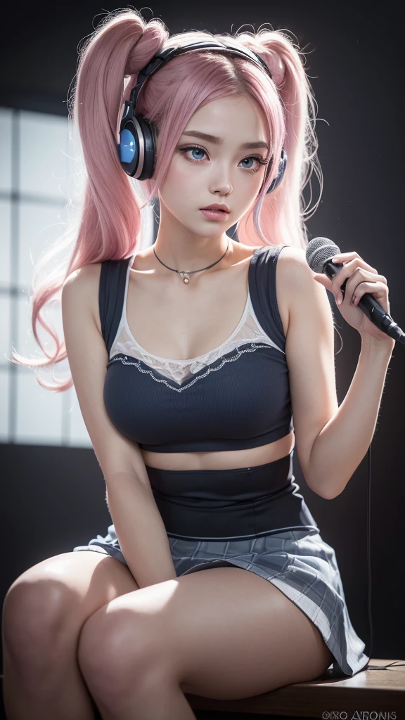 (A beautiful girl wearing a blue T-shirt and a red checked mini skirt is seen singing loudly and sarcastically in a recording studio, wearing headphones and using a microphone. Her image is posted on social media.) (The beautiful girl is 17 years old, 18% Japanese, 26% French, 56% Ukrainian, 178 cm tall, has a small bust but a good figure and a beautiful, well-balanced figure.) (Her hair is very long and pink ash gray, tied in twin tails with black ribbons, and curls in a spiral shape toward the ends.) (Her eyebrows are the same color as her hair, thin, slightly thick, and short, and her eyelashes are long.) (Her big blue eyes reflect the light of the lighting and are amazingly beautiful like pearls.) (Her nose bridge is high like an English person, her lips are plump and shaped so that you want to kiss them, her skin is translucent white, and the balance between her head and face is traditionally Japanese.) Aesthetics. The number of fingers is also noteworthy, but not too many or too few, and they are very delicately expressed down to the tips of her nails. (Single, Masterpiece, Super detailed, Top quality, Artistic composition, Ultra accurate, Realistic, Photorealistic, High resolution, Dynamic lighting effects, Consider the proportions of the whole composition, Ultra realistic). Try to emphasize the facial expression and appearance. Do your best to meet all these criteria.