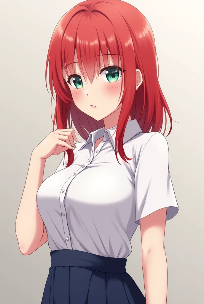 anime girl, with red hair, a delicate shade of red hair, with medium breasts, white shirt and a navy blue skirt