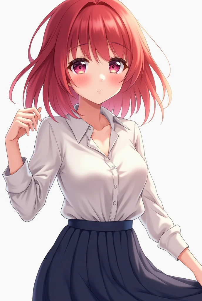 anime girl, with red hair, a delicate shade of red hair, with medium breasts, white shirt and a navy blue skirt