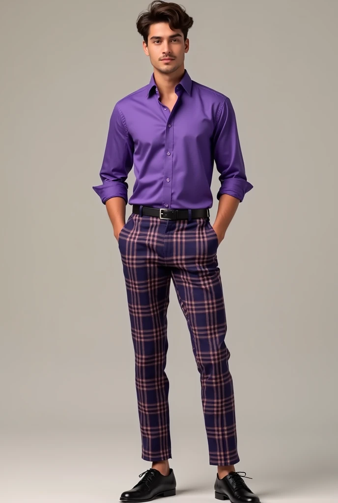 Draw a man with a purple shirt that has a double cufflink., and the young man, with plaid pants and black shoes