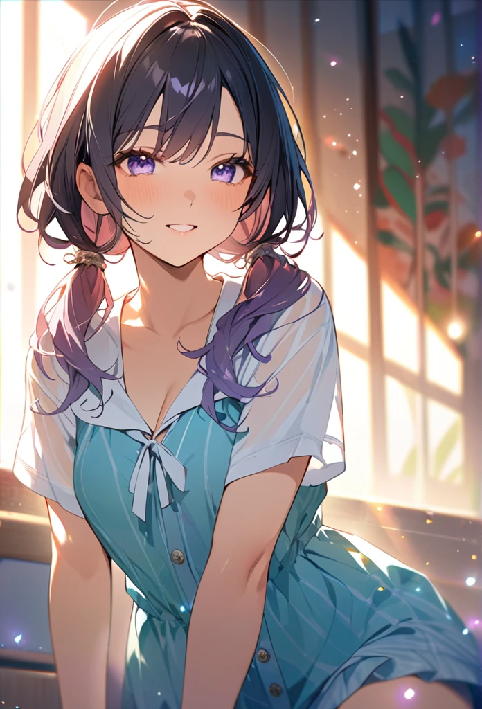 Highest quality masterpiece High resolution masterpieceグレーアイズ Low Twintails、casual summer outfit 、flowerpunk、Sparkling light particles、Vivid gradient effect