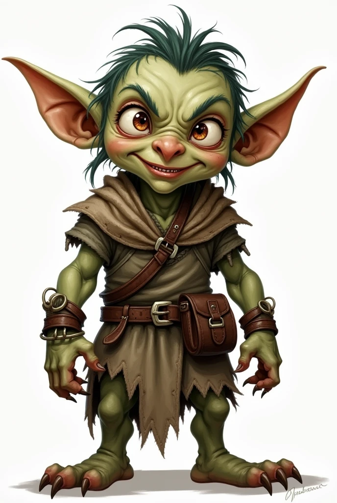 Illustration of an RPG character in close-up full body Goblin character sheet