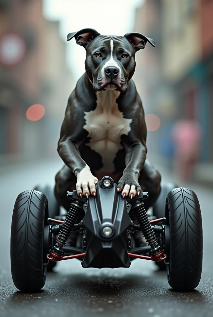 A tricolor pitbull of gray, white and black, riding a drift trike