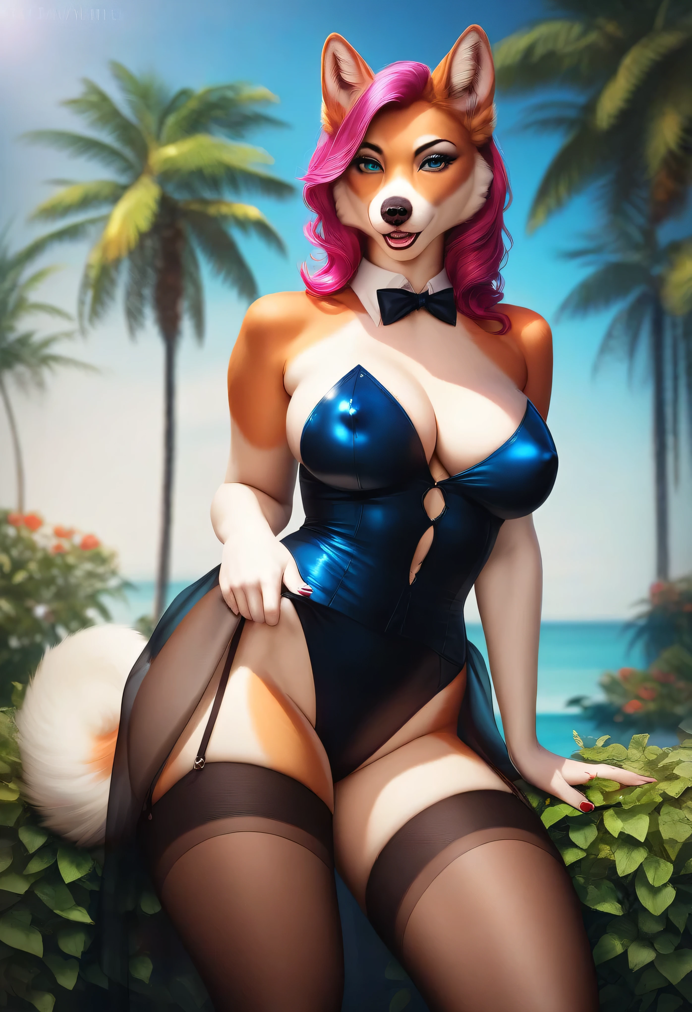 score_9, score_8_up, score_7_up, score_6_up, score_5_up, score_4_up, source_furry, realistic, photo-realistic, by Furromantic, mature female anthro husky dog, MILF, looking at viewer, seductive, beautiful detailed eyes, (dressed like a Playboy bunny), detailed fur, nipple outline, cleavage, voluptuous, hourglass figure, large breasts, thick thighs, cinematic lighting, professional lighting