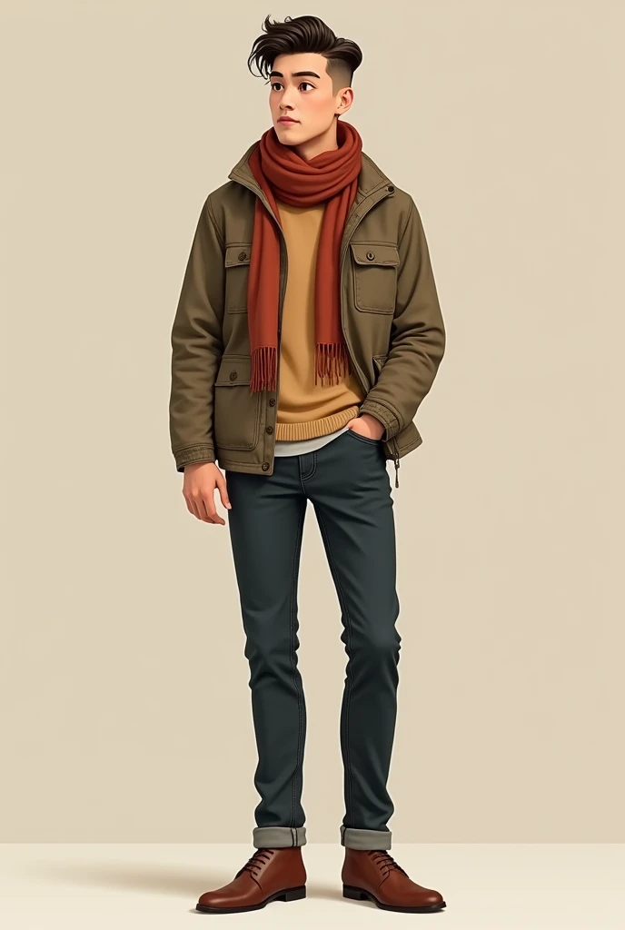 Make an outfit fit for skinny infj guy casual style the guy is 5'5 tall and with the weight of 48kg his face heart face shape with an inverted traingle body and also since he's season is deep autumn make the outfit fit for the color with he's season palette also with the hairstyle of two block seperate the outfit into 4 so i can choose