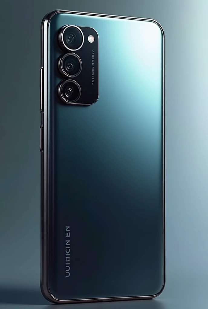 Create a mockup of a high-end cell phone of the future with 3 cameras with titanium edges and a glass back