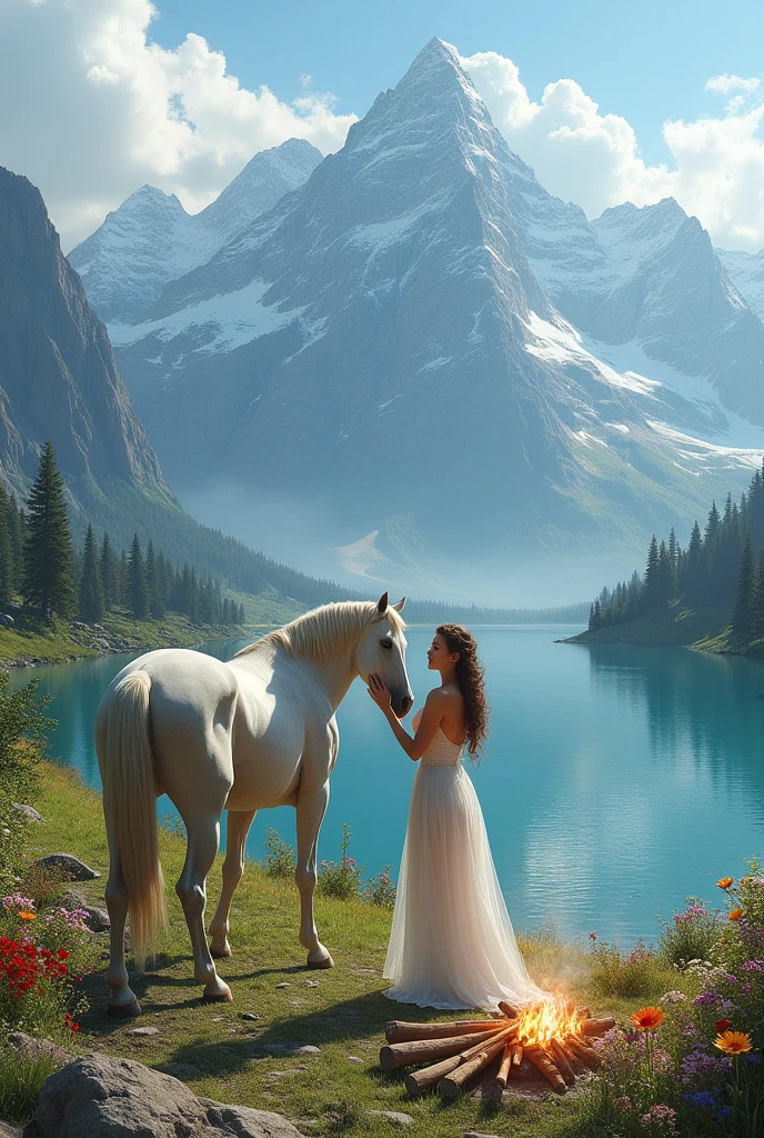Create an image of a great landscape with imposing mountains, a big lake and some beautiful horses, a garden with flowers and a beautiful woman petting a horse and nearby an extinguished campfire giving off smoke 