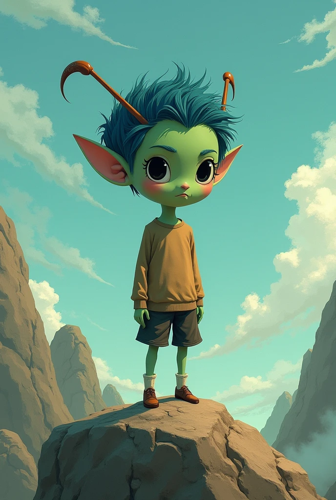 (((ghibli style))) a navy blue haired alien boy, greenish skin, antennae and eyes completely black, with pointed ears standing on a rock