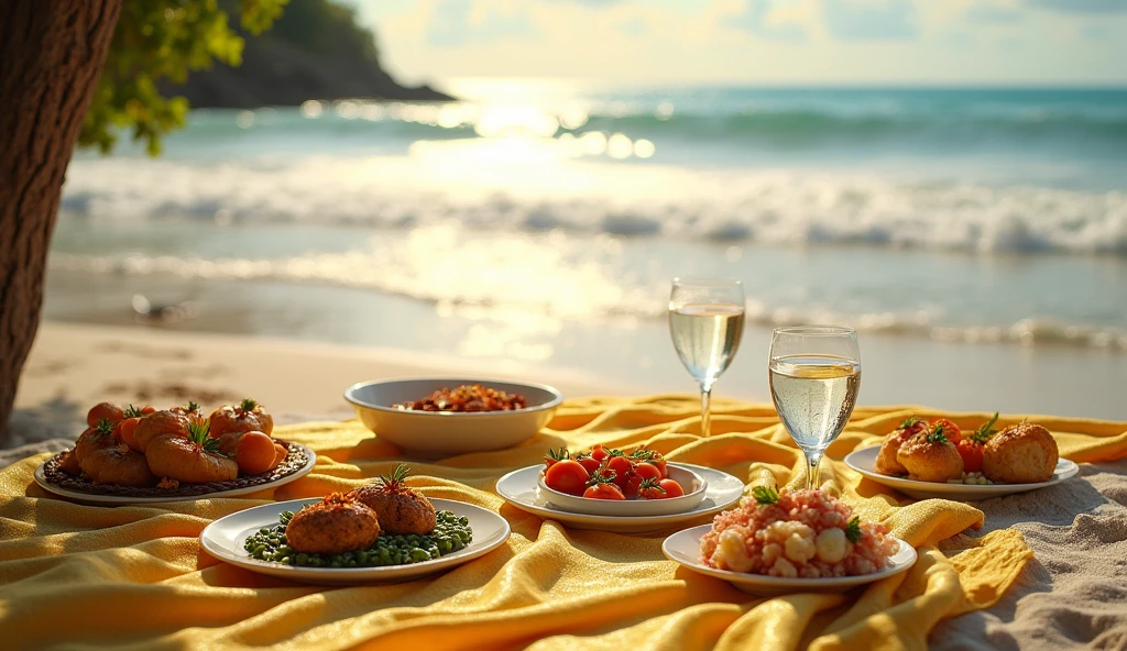 Une belle scène au bord de la mer, avec une nappe dorée étalée sur le sable, des plats délicieux joliment disposés, et une ambiance romantique parfaite pour se détendre.
Cette combinaison met en avant l’idée que parfois, un simple geste attentionné comme un moment au bord de la mer avec un bon repas peut faire toute la différence !