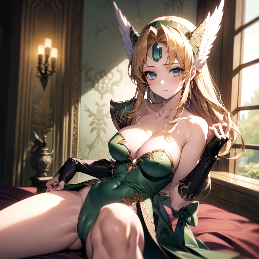 masterpiece, best quality, ultra detailed,score_9, score_8_up, score_7_up, score_6_up, score_5_up, score_4_up,masterpiece, best quality, highres, Young female, Beautiful Finger, Beautiful long legs, Beautiful body, Beautiful Nose, Beautiful character design, perfect eyes, perfect face, expressive eyes, 1girl, solo,Rieze, blush, cowboy shot, Green Dress, gloves, bow, Cleavage, jewelry, Bridal Gauntlet, armor, shoulder armor, garden, bedroom,large breasts,kneeling,spread legs,cameltoe,cleavage between breasts,