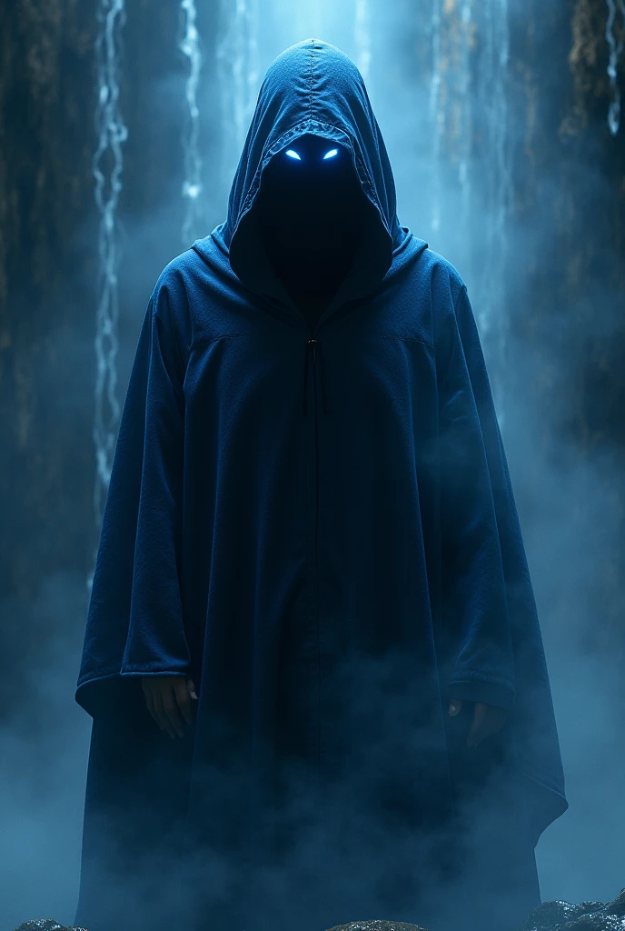 A man in a dark blue hooded robe that covers his entire body except his face, but his face is totally invisible because of the shadow that covers it, and only his eyes can be seen, shining with a blue light, with streams of water flowing in its surroundings
