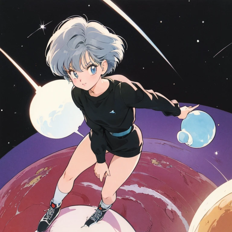 ((a cute girl)),gray hair,medium　short hair,black sweater,full body,flat fill,analogue,1990s,comic,simpleなラインアート,retro anime,many colorful stars,night,space、no gravity,takahashi rumiko,simple、Very cute design、