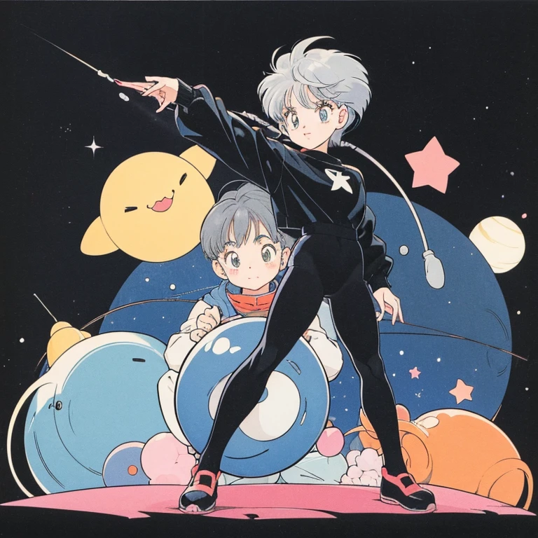 ((a cute girl)),gray hair,medium　short hair,black sweater,full body,flat fill,analogue,1990s,comic,simpleなラインアート,retro anime,many colorful stars,night,space、no gravity,takahashi rumiko,simple、Very cute design、