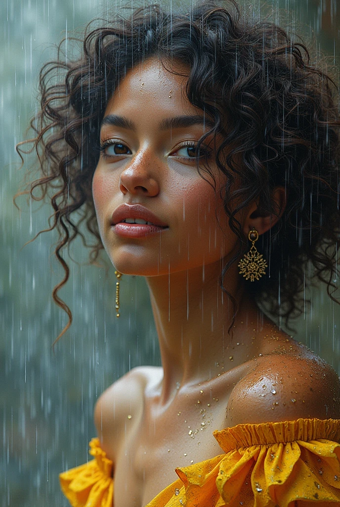 I am the rain that sees the most beautiful woman and touches her all over her body of different races giving her hope and faith and using only pastel colors , The message I want to give is that there is hope, we just have to look for it., very royal style, detailed 24k unique piece uses the triangles of composition details of his whole body details in his hands illumination of hope and nostalgia climate of colors of humility
