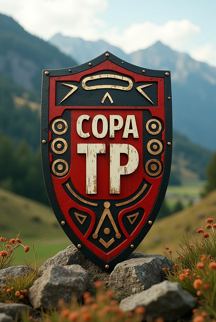 Create shield of the "Copa TP" of football inspired by the ninth region of the Chilean Araucanía and that inside the shield is written "Copa TP" In addition to adding Mapuche symbols