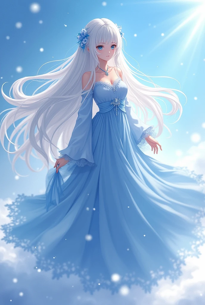 anime girl with long white hair and a blue dress in the snow, white haired deity, white hair floating in air, anime fantasy illustration, flowing white hair, beautiful young wind spirit, beautiful fantasy anime, shiny and flowing hair, ethereal anime, beautiful anime works, beautiful digital art, anime fantasy artwork, ((a beautiful fantasy empress)), 2. 5 d cgi anime fantasy artwork