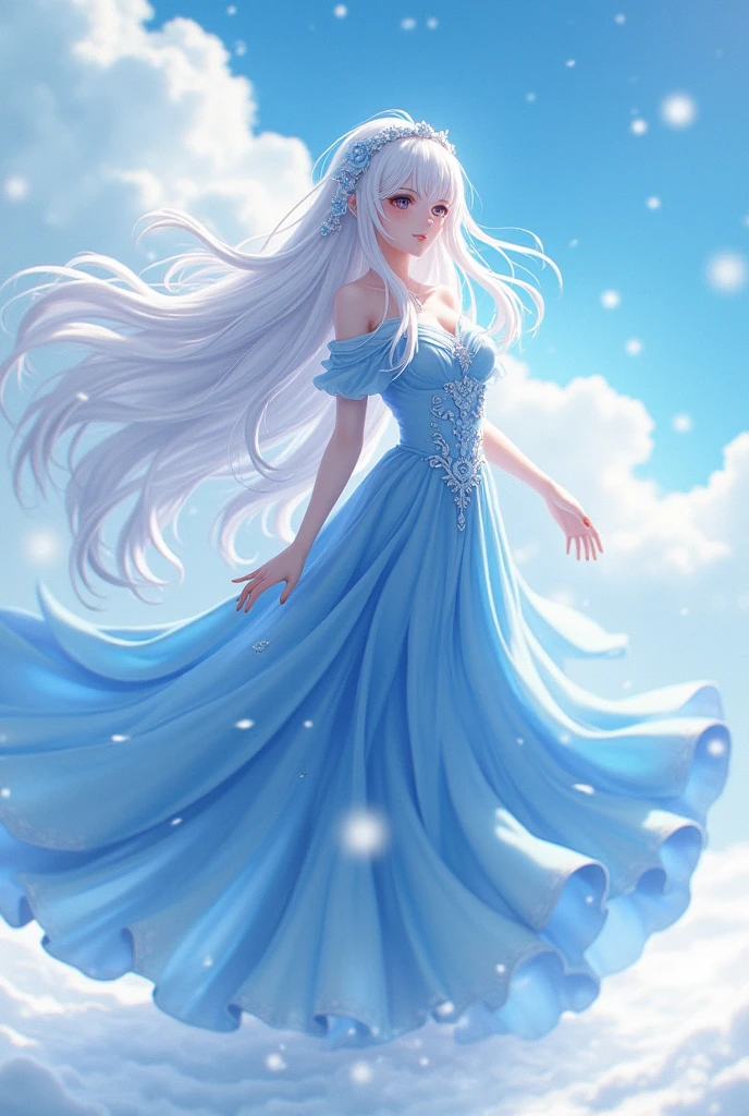 anime girl with long white hair and a blue dress in the snow, white haired deity, white hair floating in air, anime fantasy illustration, flowing white hair, beautiful young wind spirit, beautiful fantasy anime, shiny and flowing hair, ethereal anime, beautiful anime works, beautiful digital art, anime fantasy artwork, ((a beautiful fantasy empress)), 2. 5 d cgi anime fantasy artwork