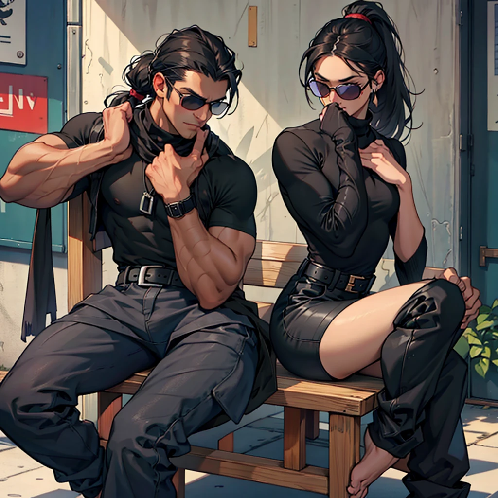 young man, with a brown skin tone, having a long static ponytail hair of black color, is wearing navy blue sunglasses, is wearing a tight black turtleneck sleeveless shirt of black color, This is her wearing all black jogger pants,she is wearing a long black scarf that covers her mouth,is wearing a black buckle belt beret cap,is sitting on a wooden chair.