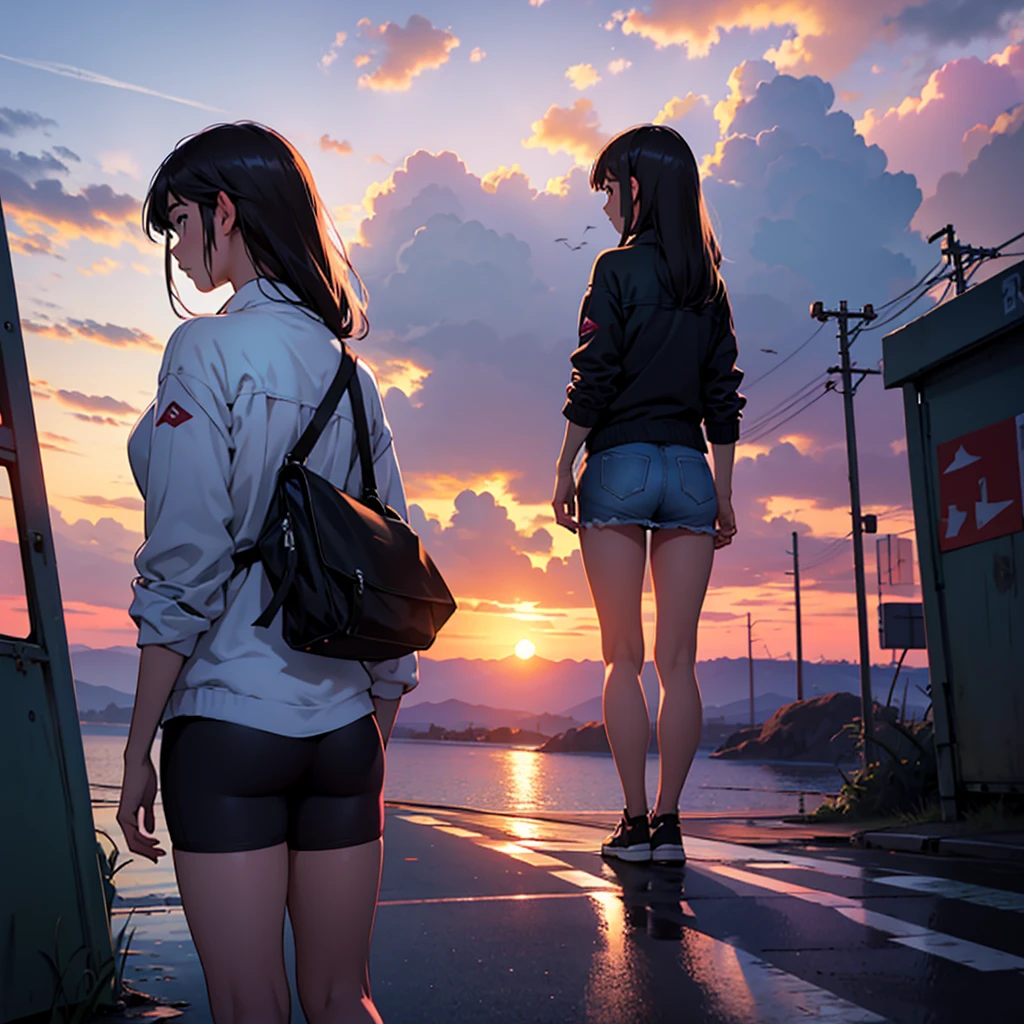 -Blues, One Girl, alone, Outdoor, cloud, null, Long legs, scenery, Back view, Butt, White underwear, After school, Are standing, Seraph, Knee-length, From behind, shirt, cloudy null, Road sign, Sign, Sailor collar, Wide Shot, sunset, white shirt, Electric pole, Brown Hair, Turn your back, Short sleeve, Power lines