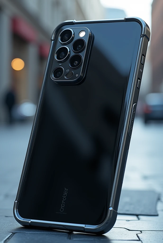 Create a mockup of a high-end cell phone of the future with 3 cameras with titanium edges and a glass back