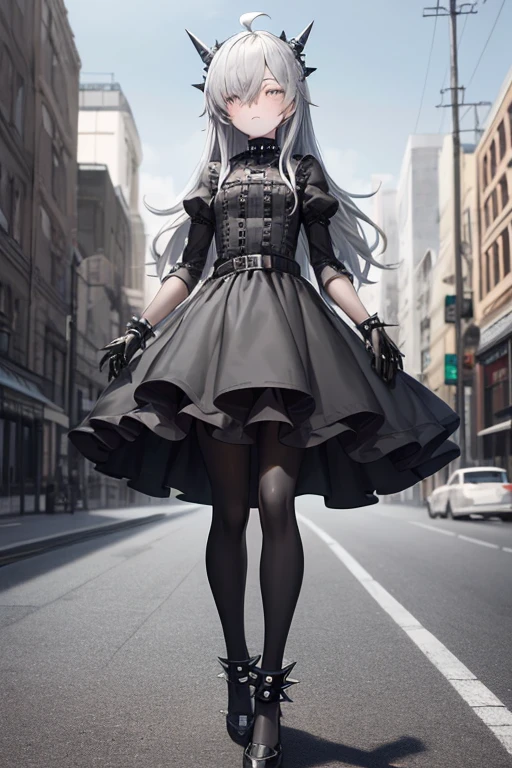 ((best quality)), ((masterpiece)), (detailed), 1 girl, full body, 18 years old, depressed face, beautiful face, silver eyes, blushing, silver hair, long hair, ahoge, bangs, lock of hair covering her right eye, full body, very tall, very small breasts, flat chest, thin body, grey hood, metal spikes, grey wristbands, long black gloves with spikes, grey gothic dress, grey gothic lolita dress, puff sleeve, grey dress with metal spikes, blades on the steering wheel, metal emblem, somewhat tight, black belt, pale skin, black pantyhose, black shoes, walking through the city, metal spikes coming out of the road, looking at me, city background, anime