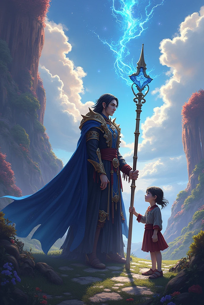 I wanted you to make a mage and a child demihuman in an isekai in a landscape 
