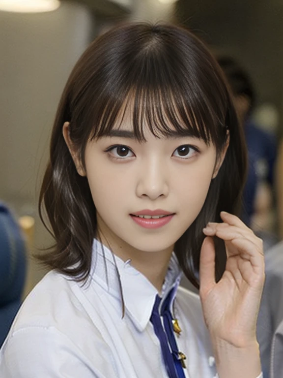 (Masterpiece, Best quality:1.2), (Ultra realistic, Photo-realistic:1.2), From above, kneeling, Natural light, 25 years old actress, Japanese women, Neat and clean, (cabincrew uniform:1.2), unbutton, (Short wavy hair:1.2), Light brown hair color, (Beautiful Face), Oval face, clear, (Beautiful eyes, Kind eyes), (Clear skin), Small face, (Small mouth, Beautiful mouth), Natural makeup, Approachable, Luxury hotel Suite room, On bed, Seductive smile, (Seductive pose:1.1), Beautiful thighs, Bedroom eyes,