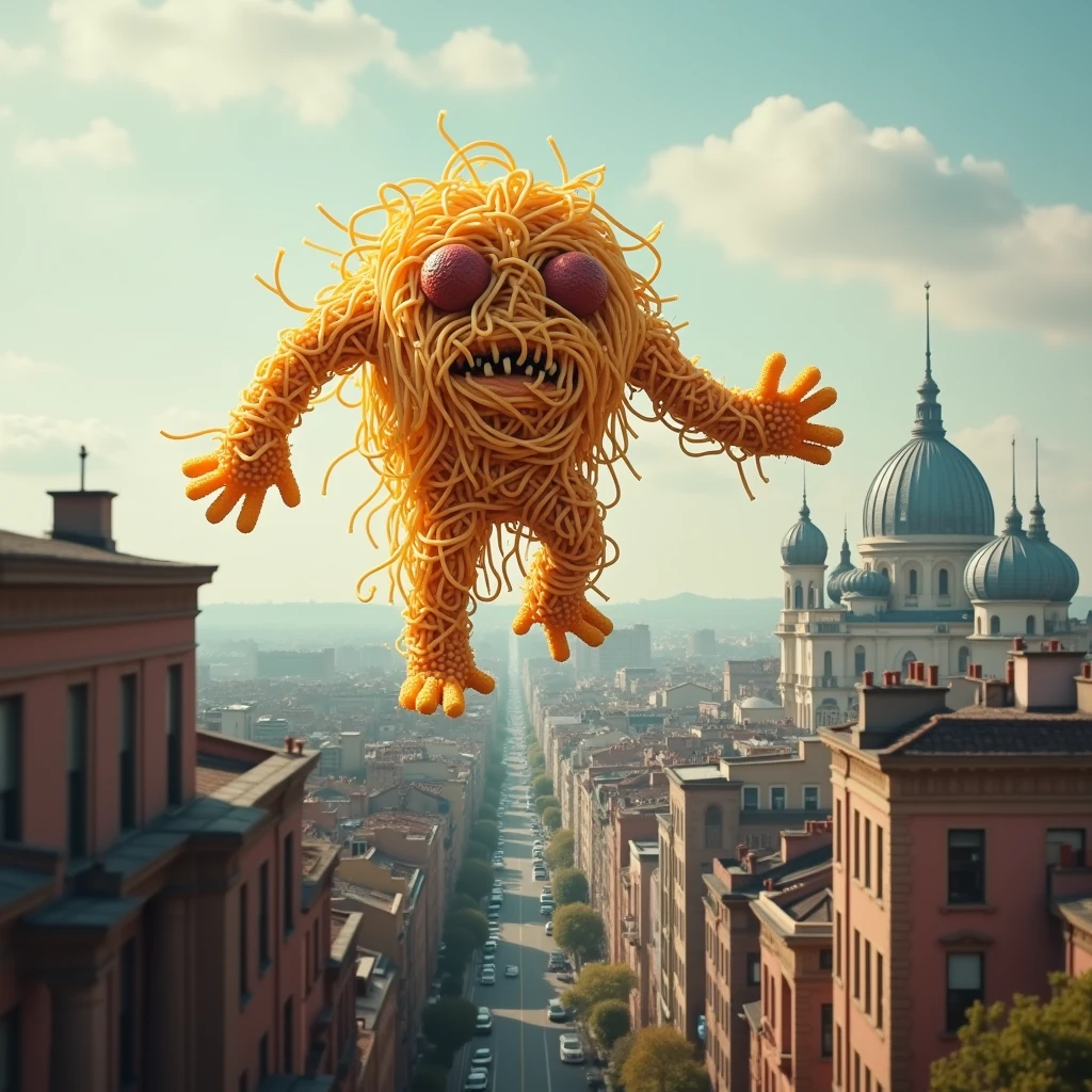 realistic photograph of the sighting in the distance of a monster made entirely of spaghetti flying over the buildings of a city, the monster has two meatballs as eyes and two spaghetti appendages as arms, highly detailed photograph, very high resolution, master piece, masterpiece, landscape photography,