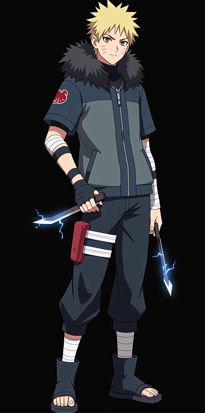 Whole body, masculine, Naruto Style, short blonde hair, dark blue jacket, black bandages on his arms, attractive, brown slanted eyes, hood with black polar fur, bandana tied on bicep, kunai in hand, lightning coming out of his hand, anime, 4k, White background