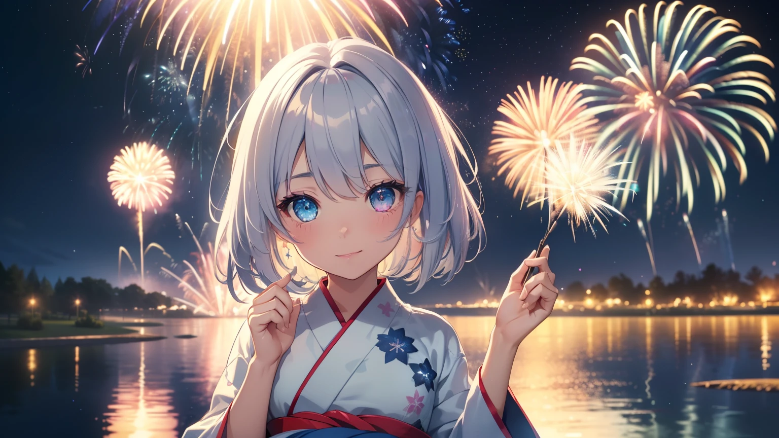 Best quality、Photorealistic、Ultra-detailed、delicate、Orderly、High Detail、Bluish Silver Short Bob、(Drooping heterochromia iris,glowing eyes、Sparkling Eyes:1.3)、Slender、A big smile、(One girl:1.2)、(Fireworks display、Big fireworks bursting into the night sky、The vast starry sky:1.4)、 Night view、Twinkle Star、Milky Way in 7 colors、Beautiful skyline、lake、Very tense and dramatic photo、Moving visual effects、Colorful night natural light、And a girl in a yukata、Ambient Occlusion、Ambient Light、Ray-traced Reflections、Glow、Shiny Hair、