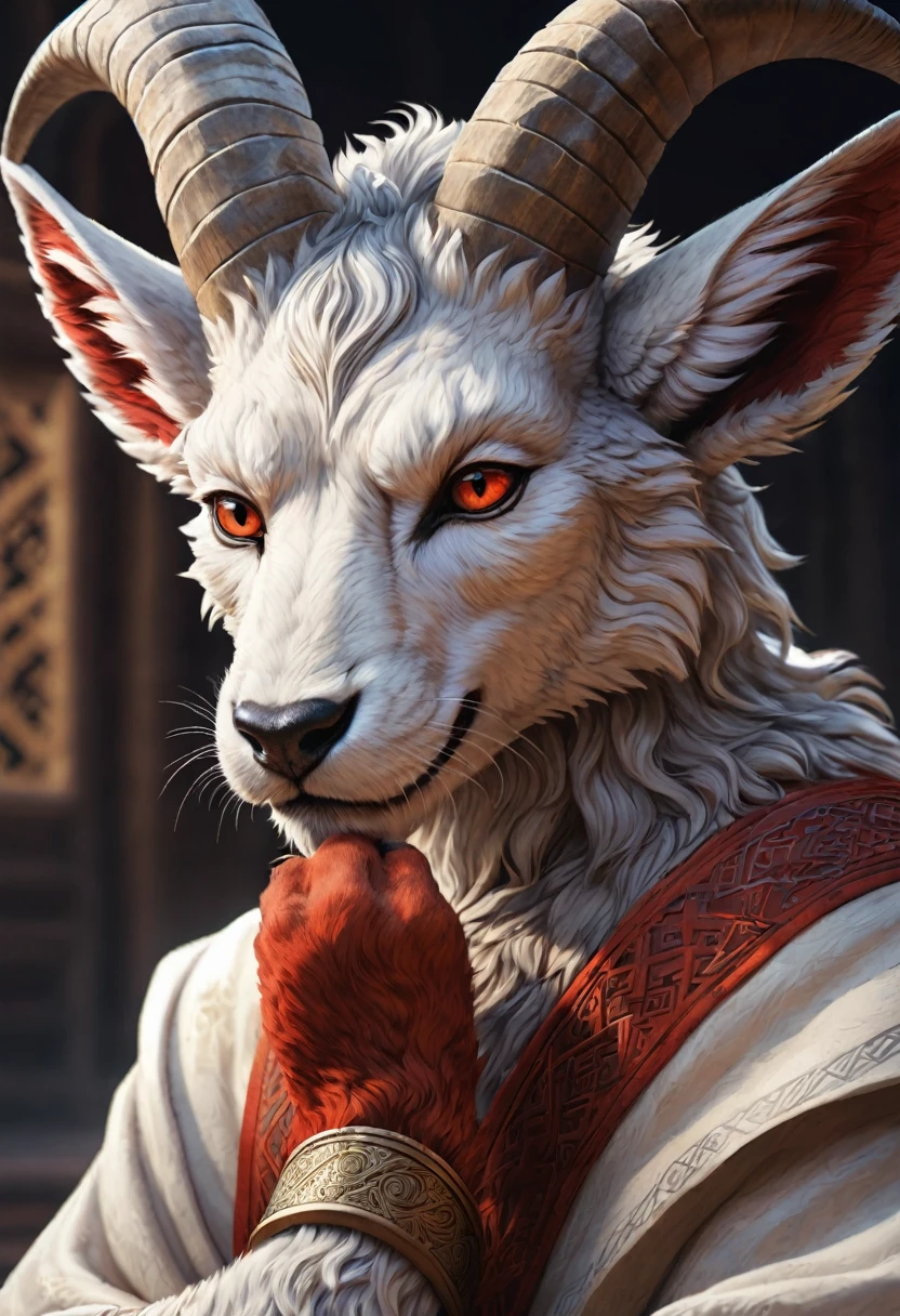 Anthropomorphic kitsune-satyr monk. Old, wrinkled ancient, wise face. gray fur speckled red. long detailed fingers. Official Art – An Award-Winning Digital Masterpiece In 4K Ultra HD, Extreme Detail And Intricate Realism. Symmetrical Face. This Concept Art Brought To Life By The Hands Of Artists Like Wlop & Artgerm In A Stunning 2D Vector Illustration. Background Is A Panoramic Vista.