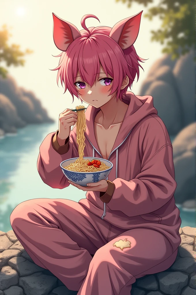 Beautiful boy with pink hair, succulent sexy pretty sloppy pig cosplay in torn suit, delicate and clear blushing face and facial features, highly detailed, 8K, riding on a rock eating soba, a yaoi anime masterpiece