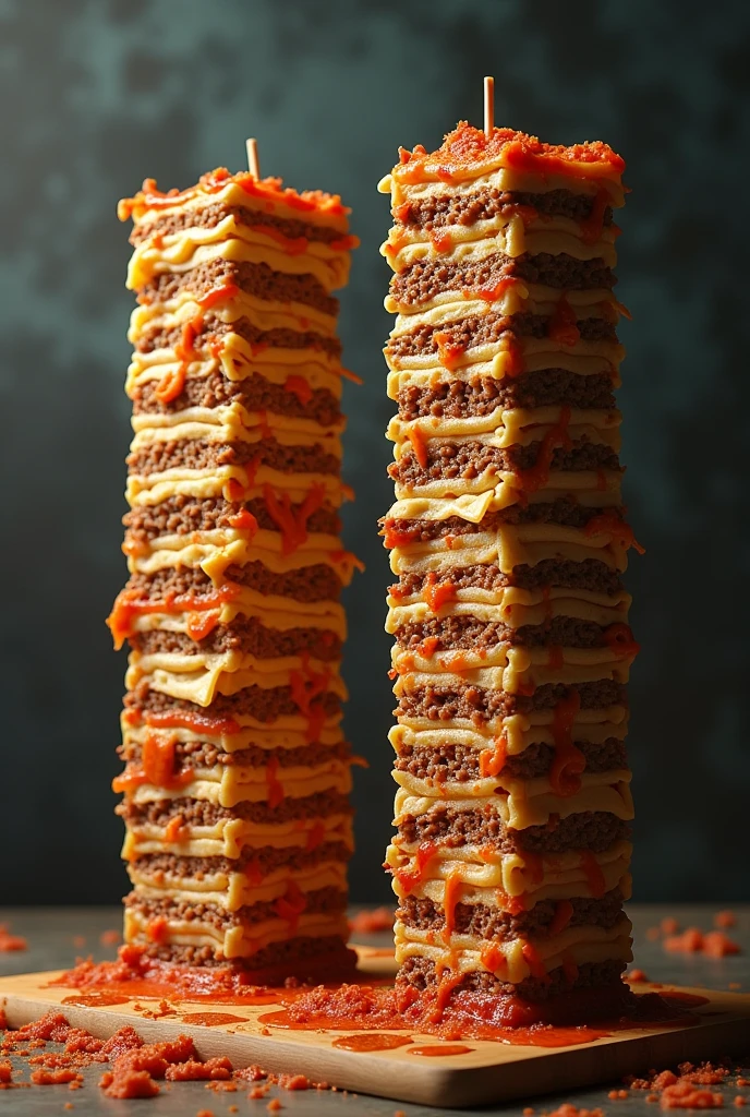 Meat lasagna in the shape of the twin towers