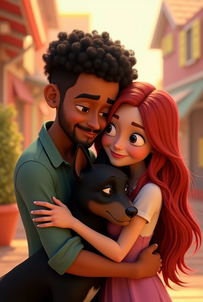Disney Pixar-type animation of a young Colombian man with dark skin, cheek, Short curly black hair with a fade cut, thin nose, thin eyebrows and short beard. hugging a young woman with long violet red hair, white skin and a border collie dog with the whole body black