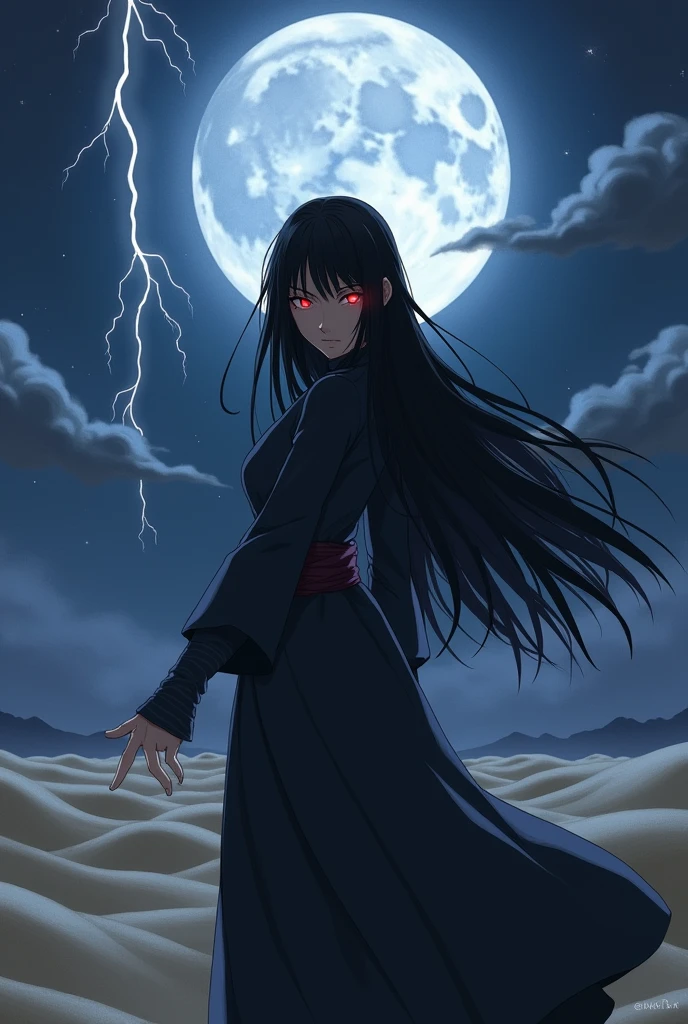 Naruto style, black hair, red eyes, long hair, female, looking at viewer, pensive, moonlight, desert, lightning strike, outstretched hand
