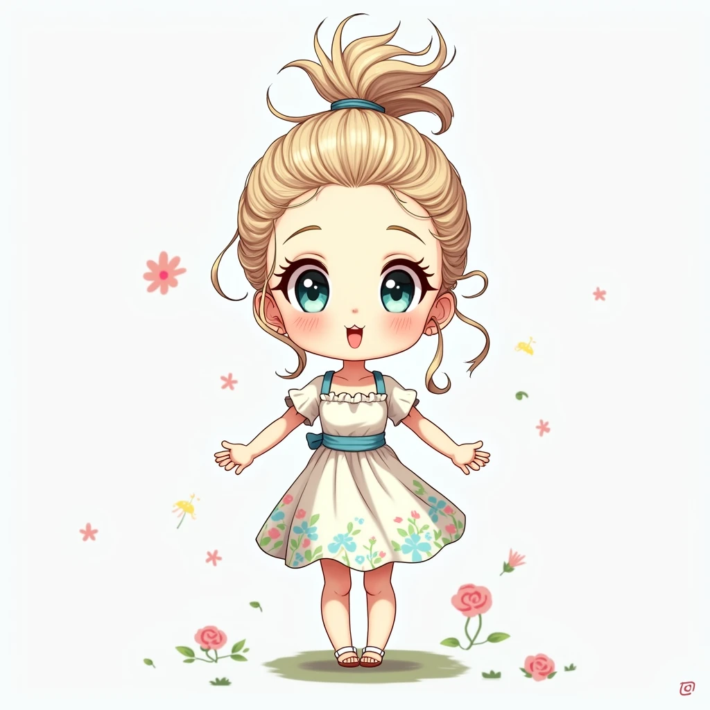 A Anime chibi girl, flowing hair, detailed facial features, detailed eyes, delicate skin, elegant summer dress, serene expression, detailed background, natural lighting, vibrant colors, (best quality,4k,8k,highres,masterpiece:1.2),ultra-detailed,(realistic,photorealistic,photo-realistic:1.37),concept art
