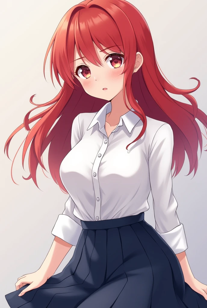 anime girl, with red hair, a delicate shade of red hair, with small breasts ,white shirt and a navy blue skirt