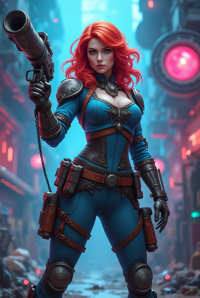Draw a redheaded woman for a character in d&d being a craftsman holding a cannon of amazement with both hands. She has some chemical tools equipped on her body. I want the full body design and in blue and pink tones