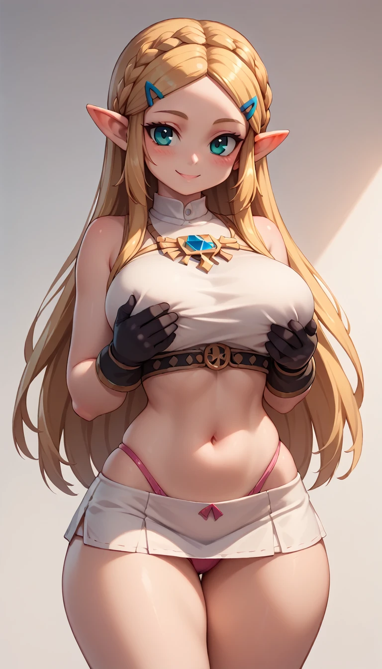 High resolution, Very detailed, perfect lighting, beautiful detailed eyes, ((masterpiece,Best Quality)), absurdities, alone, princess zelda, by the width, crown braid, Hair clip, pointy ears, Gloves without fingers, black gloves, smile, curves, nod, , deep neckline, deep neckline, short skirt, visible underwear, pink thong, touching her breasts in a sexy way, close up, disfraz de mucama sexy, disfraz de sirvienta sexy color negro 